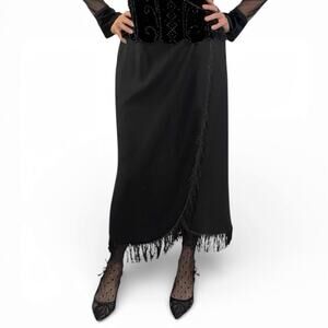 Vintage Harve Benard Black Wool Fringe Wrap Skirt Quiet Luxury Midi Sx Small